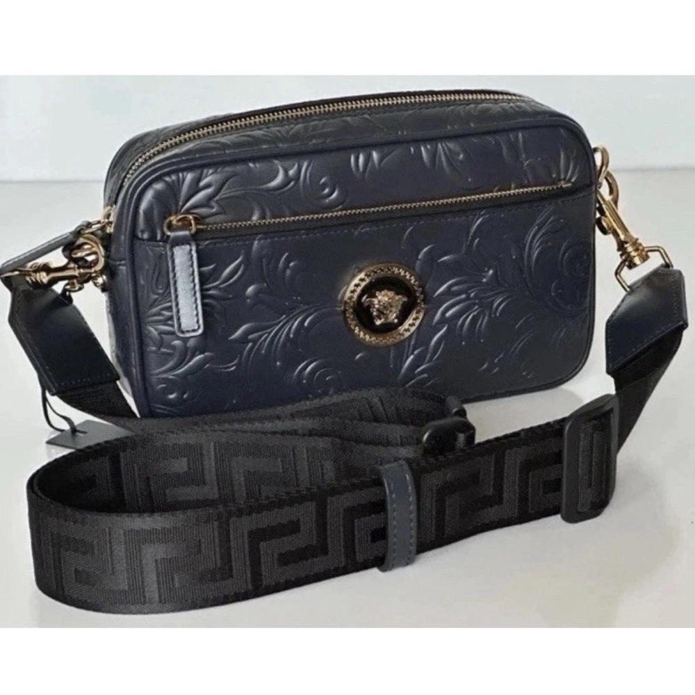 Versace La Medusa Navy Leather Embossed Unisex Crossbody or Belt Bag NWOT